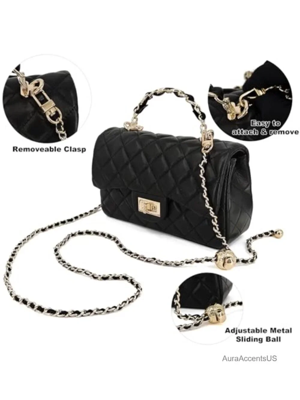Quilted Leather Crossbody Bag with Gold Chain Strap and Top Handle